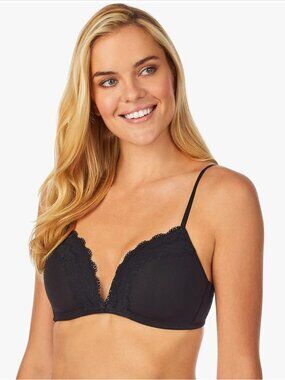CUDDL DUDS Comfy Wire-Free Plunge Bra with Lace Trim, Black S NWT